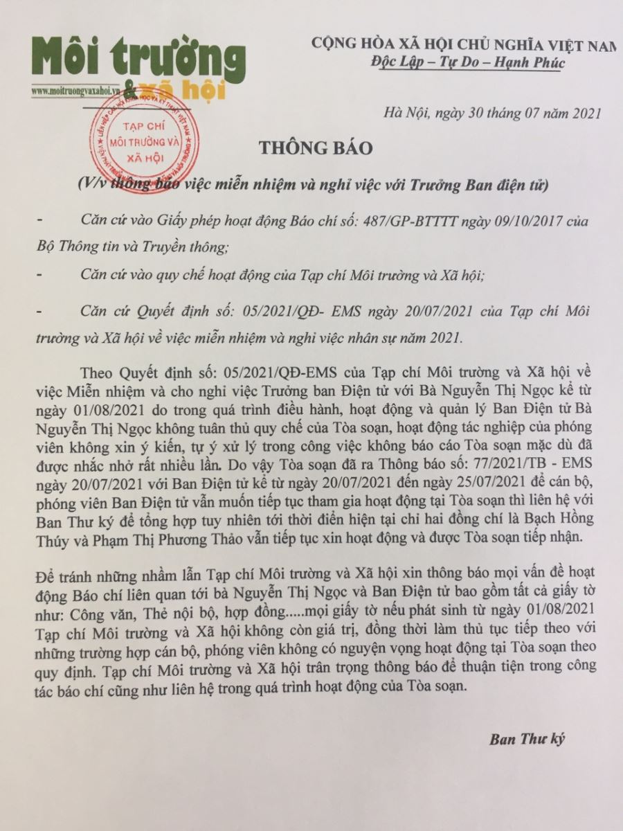 Tạp chí Môi trường & Xã hội: Thông báo về việc Miễn nhiệm Trưởng Ban và hoạt động của Ban Điện tử